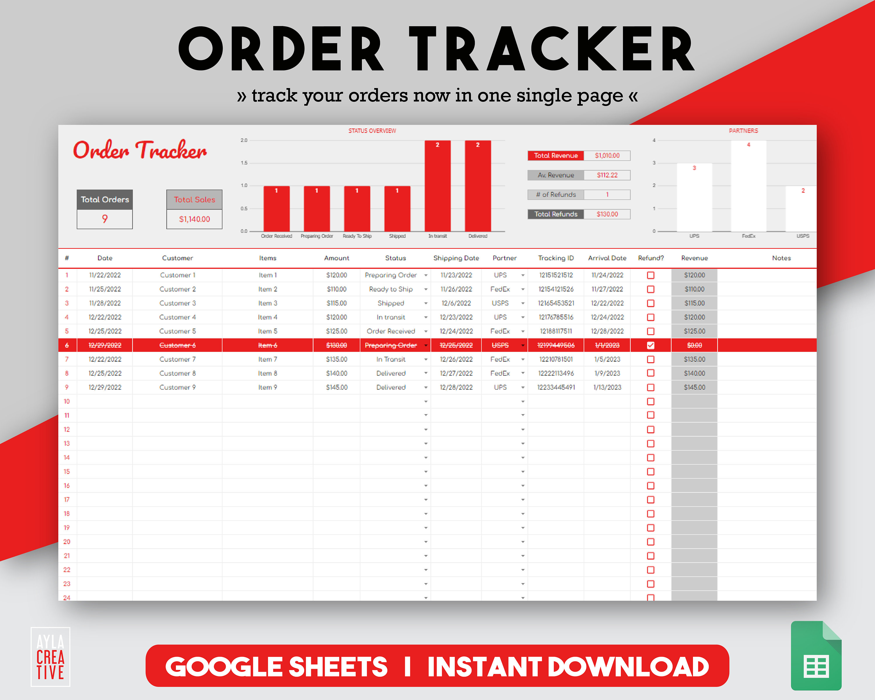 Order Tracker Business Tracker Small Business Bookkeeping Google Sheets ...
