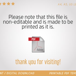 May include: A digital download printable PDF template for a document. The text on the image reads "Please note that this file is non-editable and is made to be printed as it is.  PDF Adobe thank you for visiting! INSTANT / DIGITAL DOWNLOAD PRINTABLE PDF TEMPLATE"