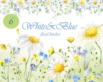 Watercolor daisy clipart, watercolour wildflowers clip art, forget me nots, white floral border, watercolor flowers, digital floral graphics