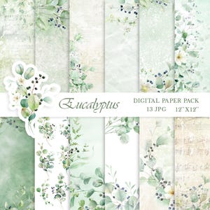 Papel digital verde salvia con fondo de acuarela de eucalipto, papel para álbum de recortes de boda verde, decoupage, vegetación, descarga instantánea