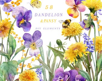 Watercolor dandelion clip art, digital floral images for card making, hand drawn watercolor pansies, yellow purple flowers separate elements