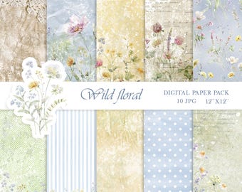 Hand-painted watercolor wildflower digital paper wild flowers scrapbook paper decoupage junk journal neutral watercolor background