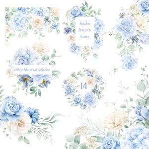 Clipart de flores azuis, bordas florais em azul empoeirado, clipart de flores em aquarela, molduras para convites de casamento, gráfico floral azul celeste png