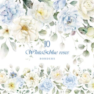 Blass blaue florale Bordüre, weiße Rosen Aquarell Clipart, staubblaue Blumen Clipart, nahtlose Bordüre, digitale Aquarell Blume Grafik png