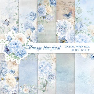 Vintage blue floral digital paper for scrapbooking decoupage junk journal blue flower watercolor background dusty blue scrapbook craft paper