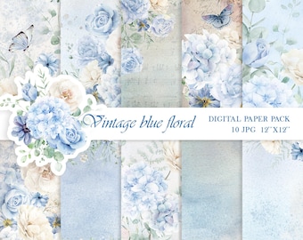 Vintage Blue Floral Digital Paper Pack | Shabby Chic Scrapbook Paper | Blue Rose Watercolor Backgrounds | 12x12" JPG | Printable Craft Paper