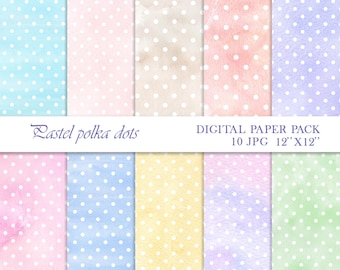 Polka dots pastel digital paper pack hand painted watercolor background scrapbook paper instant download printables