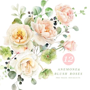 Clipart de aquarela de flor rosa blush, arranjo floral de rosas, buquê de flores em aquarela, criação de cartão de convite de casamento, imagem gráfica de rosas