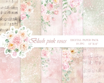 Dusty Pink Floral Digital Paper | Blush Rose Scrapbook | Vintage Shabby Chic Backgrounds | Watercolor Junk Journal Paper Pack