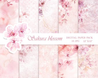 Blush pink watercolor floral digital paper pack pale pink flower watercolor background sakura blossom scrapbook paper instant download