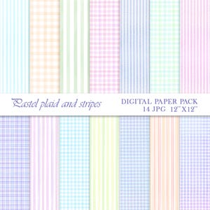Puede incluir: Un paquete de papel digital con diseños de cuadros y rayas en tonos pastel. El paquete incluye 14 archivos JPG, cada uno de 30,48 cm por 30,48 cm. Los colores incluyen azul claro, melocotón, verde, rosa y lavanda. El texto "Pastel plaid and stripes" es visible.