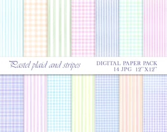 Hand painted watercolor stripes and plaid pastel digital paper pack for scrapbook and making crafts, pastel watercolor background