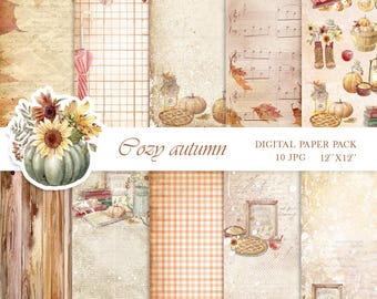 Watercolor cozy autumn digital paper pack fall scrapbook paper pumpkins hand painted watercolor autumn background