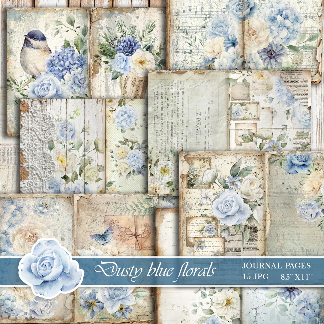 Vintage Dusty Blue Floral Junk Journal Kit – Printable Digital ...