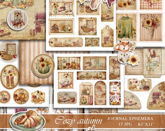 Cozy Fall Junk Journal Ephemera Pack – Printable Autumn Fussy Cuts – Sunflowers Watercolor Background – Scrapbook Digital Download