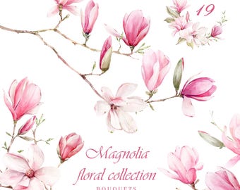 Watercolor spring flower clipart, magnolia clipart png, watercolor pink flowers, digital floral graphic images, wedding card making