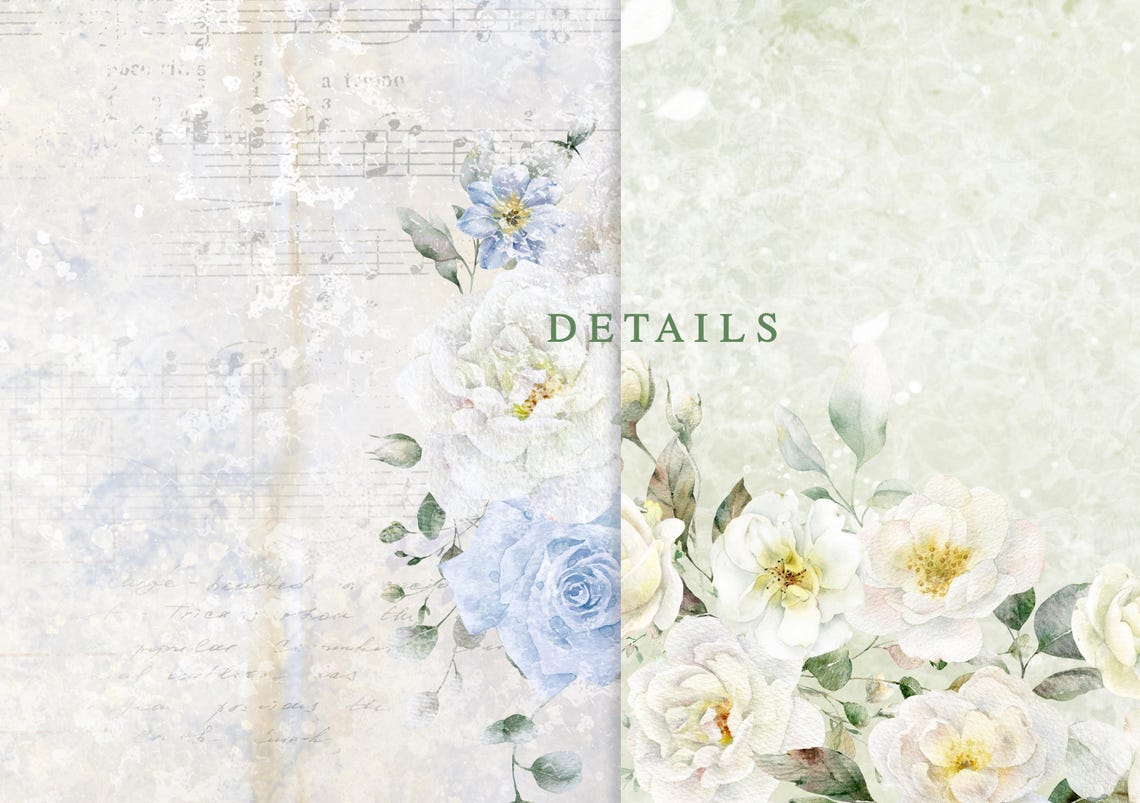 Dusty Blue Floral Digital Paper Pack White Flowers Watercolor Wedding ...