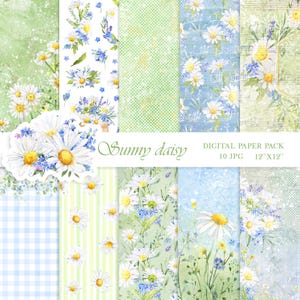 Weiße Gänseblümchen Blumen digitales Papier Vergissmeinnicht Scrapbook Papier Decoupage Junk Journal grün blau Aquarell Hintergrund Vintage Card-Making