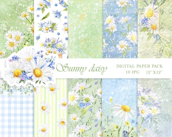 White daisy floral digital paper forget me not scrapbook paper decoupage junk journal green blue watercolor background vintage card making