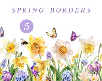 Watercolor spring flowers clipart, spring floral border, daffodils clip art, crocus floral graphic png, yellow watercolour flower