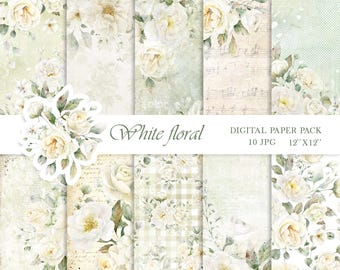 Pale Green Watercolor Digital Paper, White Floral Backgrounds, Wedding Scrapbook Paper Pack, Vintage Roses, Shabby Chic Printables