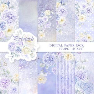 Peut inclure: Un pack de papiers numériques avec dix fichiers JPG de 30,48 cm x 30,48 cm. Les motifs présentent des motifs floraux à l'aquarelle dans des tons de pervenche, de lavande et de crème. Le pack comprend diverses textures, avec le mot "Periwinkle" sur un autocollant.