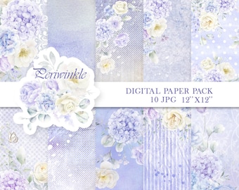 Periwinkle Watercolor Digital Paper, Light Purple Floral Backgrounds, Hand Painted Wedding Scrapbook Paper, Romantic Pastel Roses