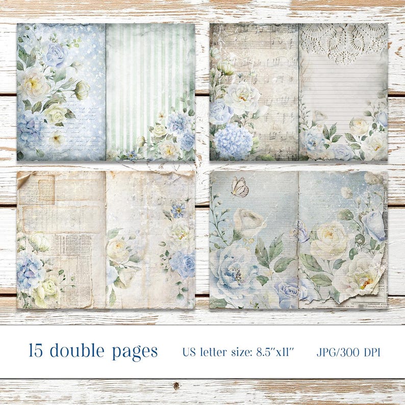 Vintage Dusty Blue Floral Junk Journal Kit – Printable Digital ...