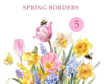 Watercolor spring flowers clipart, spring floral border, hyacinth clip art, daffodil floral graphic png, pink blue watercolour flower
