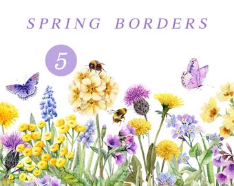 Hand painted watercolor yellow and purple floral borders clipart aquarelle spring flowers watercolor digital image for card making