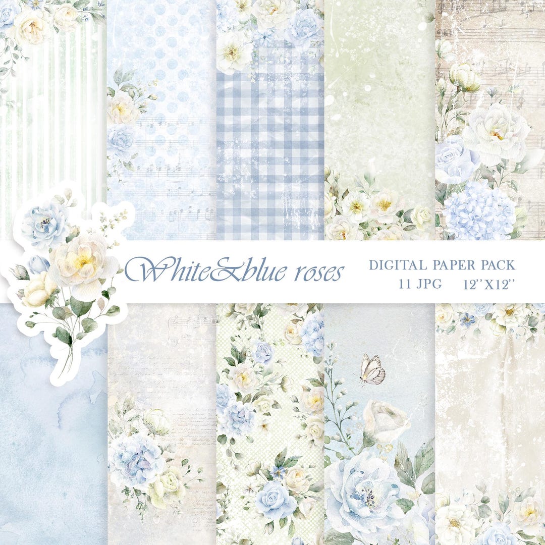 Dusty Blue Floral Digital Paper Pack White Flowers Watercolor Wedding ...