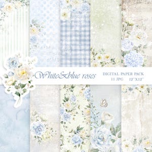 Dusty blue floral digital paper pack white flowers watercolor wedding scrapbook paper decoupage junk journal vintage watercolor background