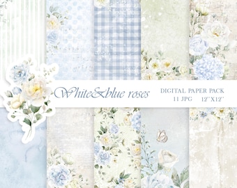Dusty blue floral digital paper pack white flowers watercolor wedding scrapbook paper decoupage junk journal vintage watercolor background