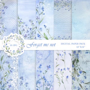 Blue digital paper for scrapbooking, floral decoupage junk journal, blue flower watercolor background, forget me not scrapbook craft paper