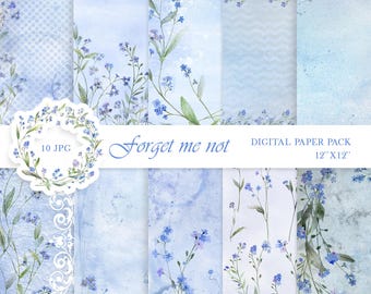 Watercolor Blue Floral Digital Paper – Forget Me Not Scrapbook Paper – Junk Journal Decoupage Background – Digital Download