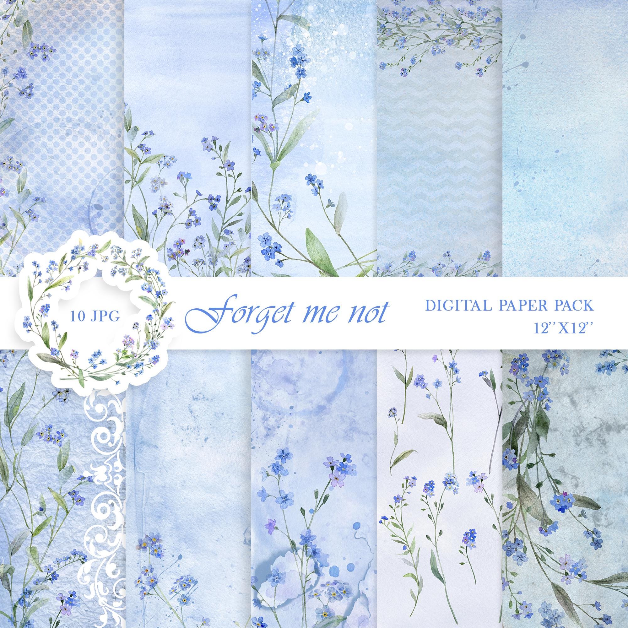 Watercolor Blue Floral Digital Paper – Forget Me Not Scrapbook Paper ...
