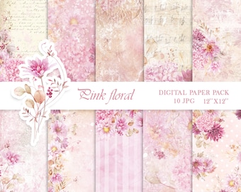 Watercolor Pink Floral Digital Paper Pack – Vintage Scrapbook Background – Junk Journal Printable Sheets – Digital Download