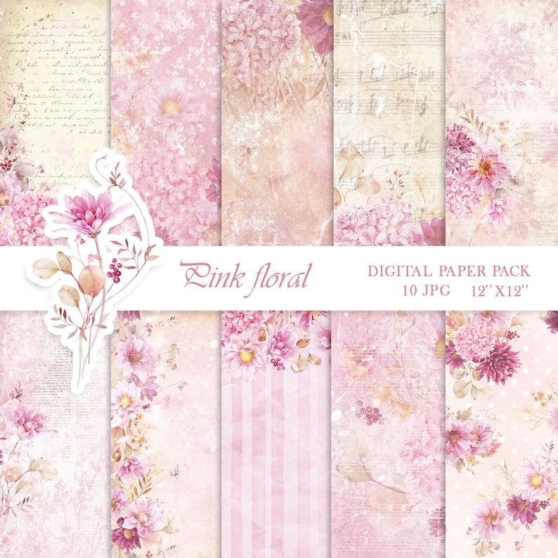 Watercolor Pink Floral Digital Paper Pack – Vintage Scrapbook ...