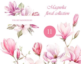 Hand-painted watercolor magnolia clipart, spring flowers png, pink flower border, digital floral frame