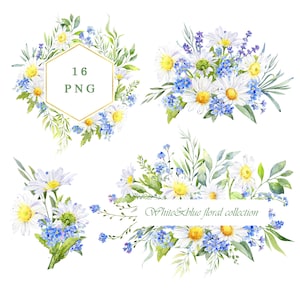 Aquarell Wildblumen Clipart, weißes Gänseblümchen Clipart, Blumenrahmen png, Aquarell Blumen, Vergissmeinnicht Blume, digitale Blumenbilder