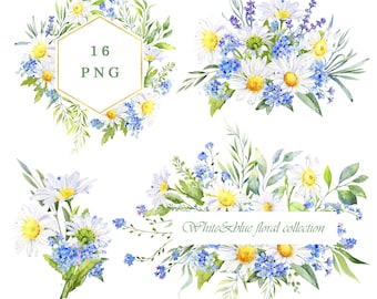 Watercolor wildflower clipart, white daisy frames, summer wedding floral frame png, digital watercolor flowers