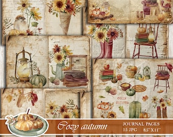 Cozy Autumn Junk Journal Pages – Sunflowers Junk Journal Kit – Vintage Printable Paper – Fall Scrapbook Paper – Autumn Watercolor Background
