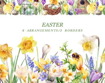 Watercolor Easter clipart, spring floral border png, watercolor flowers graphic, spring clipart, digital images instant download