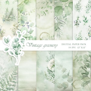 Vintage groen ambachtelijk papier voor scrapbooking, groen decoupage digitale papier aquarel achtergrond, groene bladeren afbeelding digitale download