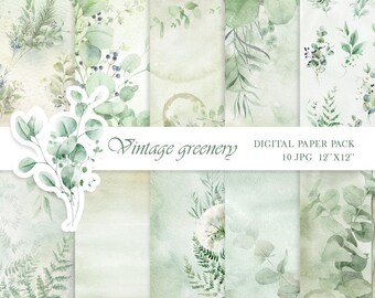Vintage Green Leaves Digital Paper Pack, Scrapbooking & Decoupage Digital Backgrounds, Watercolor Greenery