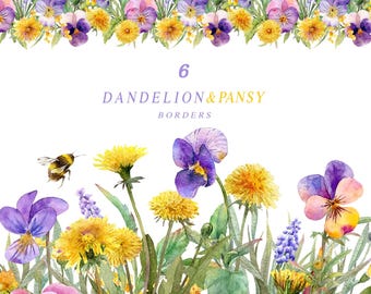 Watercolor spring flowers clipart, floral border, dandelion clip art, pansies, yellow purple watercolour flower, spring floral graphic png