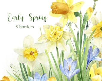 Watercolor spring flowers clipart, daffodils clipart, floral border, yellow flower watercolour, early spring floral graphic png