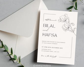 Puede incluir: Un juego de tarjeta de invitación y sobre blancos. La tarjeta presenta los nombres "BILAL and HAFSA" con arte lineal floral y detalles del evento. El texto incluye "Request the pleasure of your company at their Nikkah Ceremony".