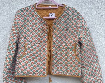 Quilted Cotton Jacket | Spring summer jacket | Reversible design | 100% Cotton | Women wear | Indian design | Hand block printed design |