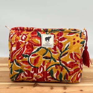 Waterproof Hand Block Print Makeup Bag | Cotton Toiletry Pouch Set | 3 Sizes Quilted makeup bags | Christmas gift for her